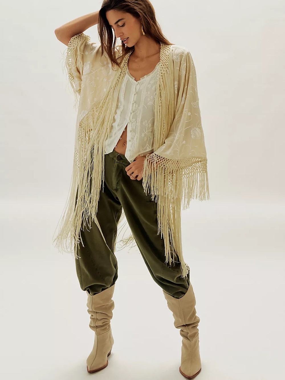 Free People Cream Fringe Embroidered Kimono Cape